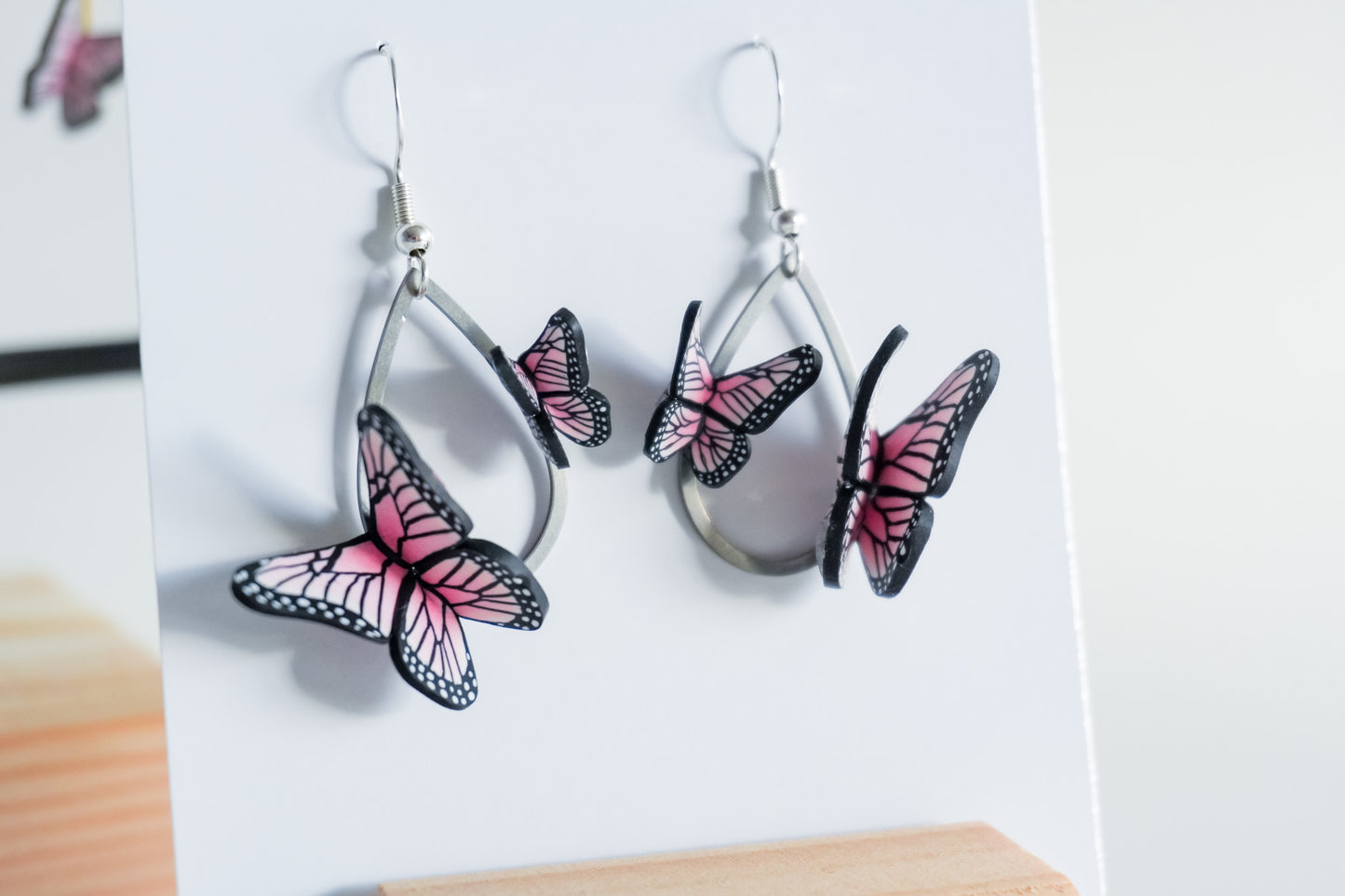 Tear Drop Pink Butterly Dangles
