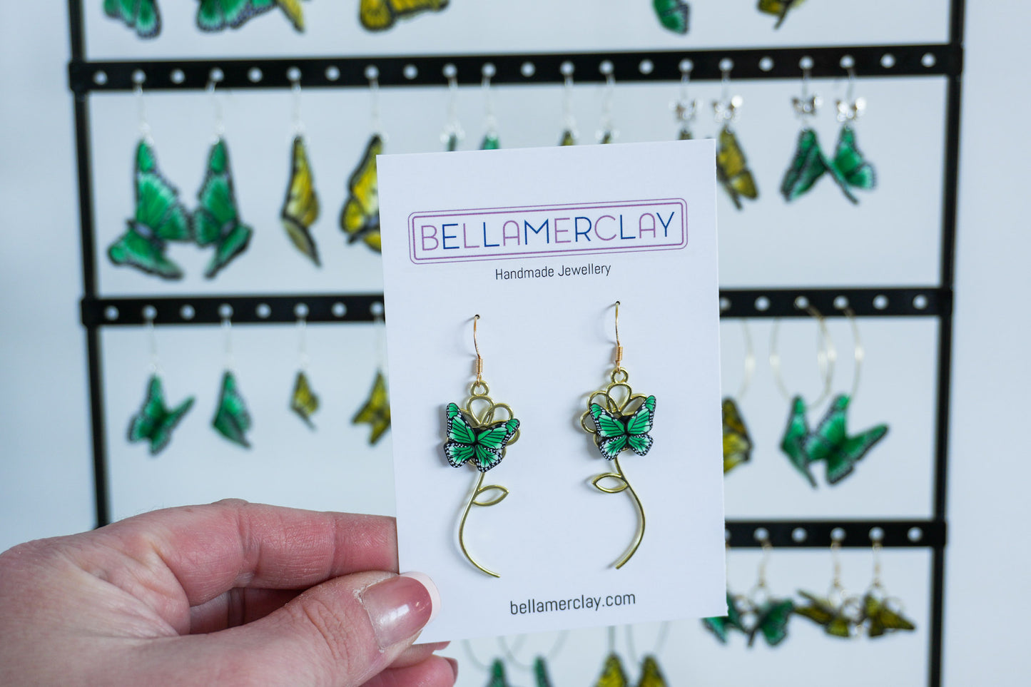 Long Steamed Flower w/ Green Butterfly Earrings