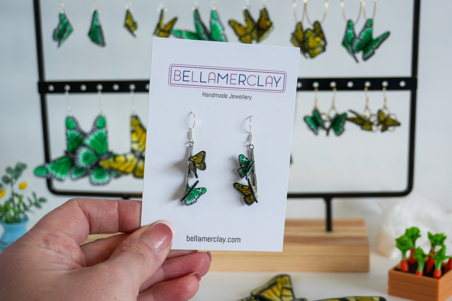 Yellow and Green Butterfly Pole Earrings