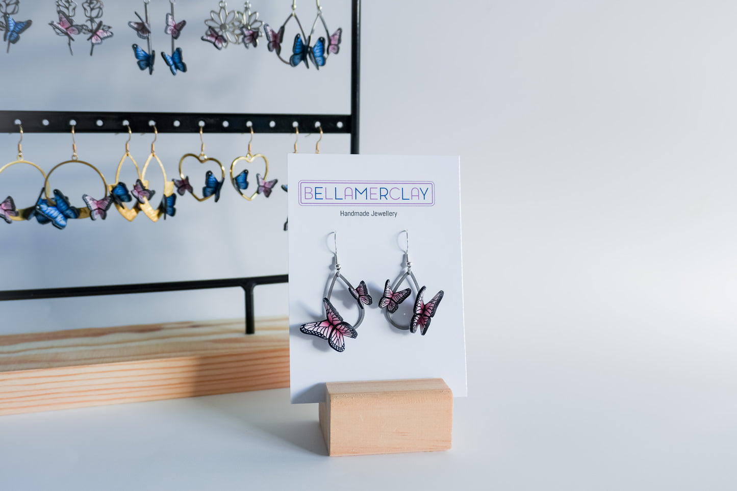 Tear Drop Pink Butterly Dangles