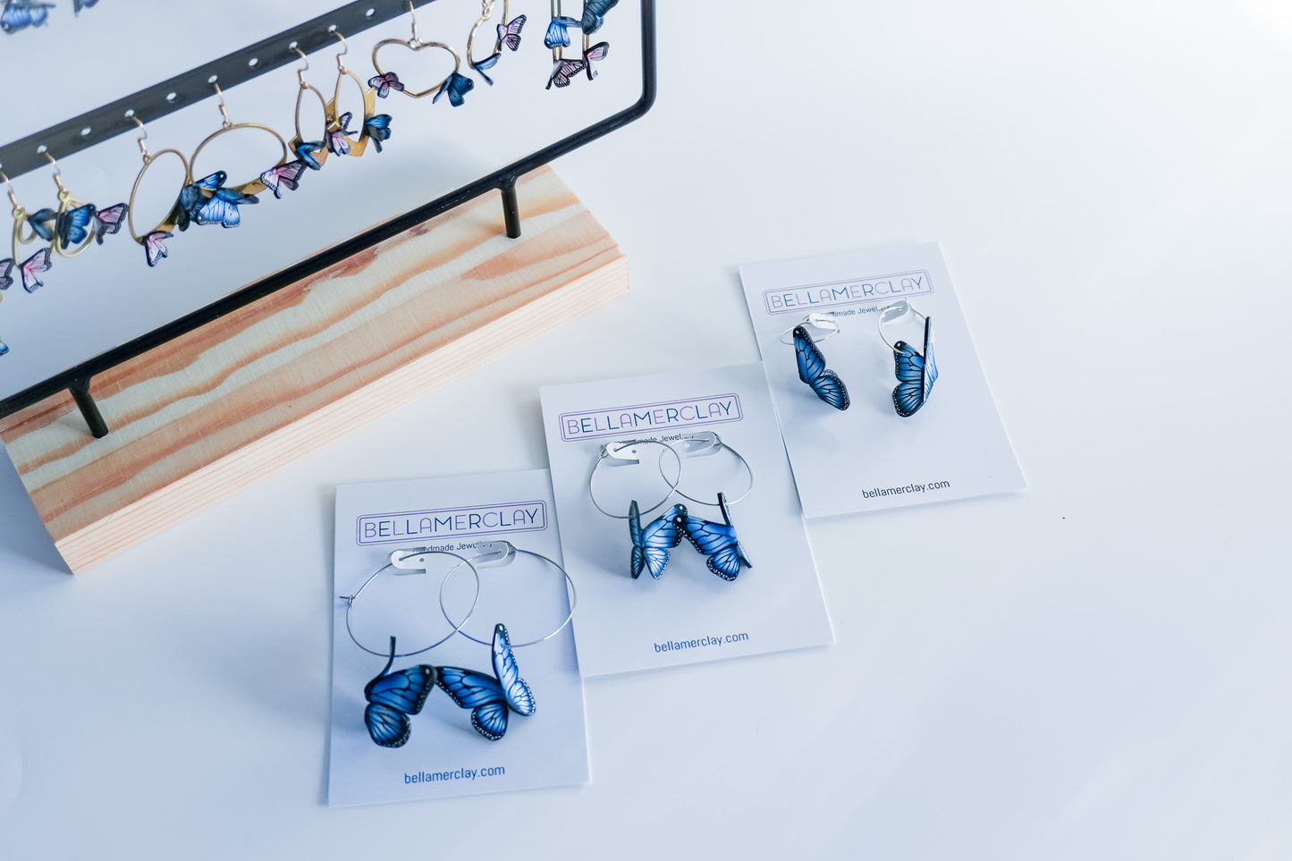 Silver Hoop Blue Butterfly Earrings