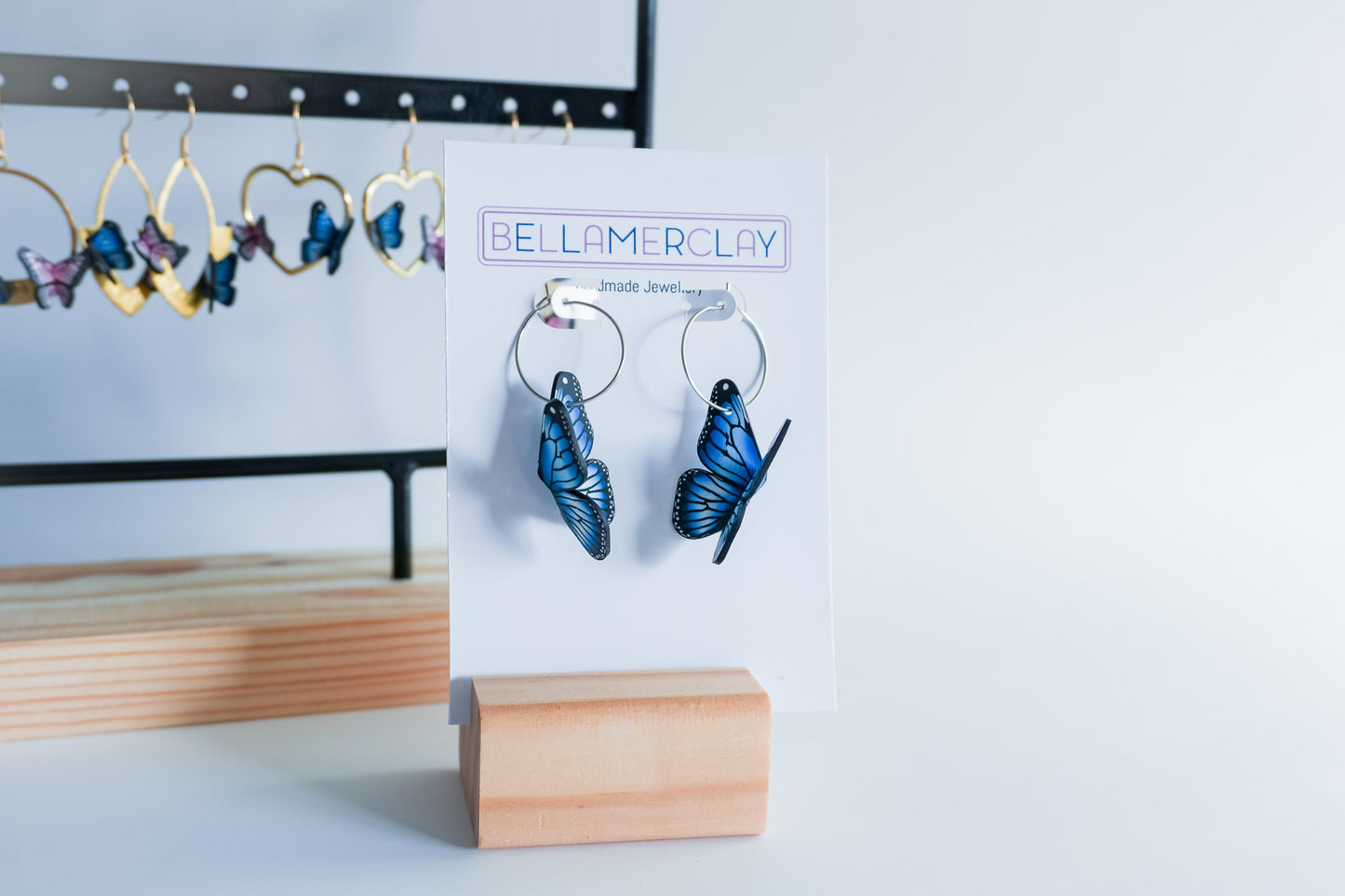 Silver Hoop Blue Butterfly Earrings