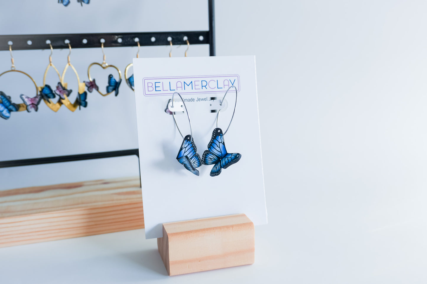 Silver Hoop Blue Butterfly Earrings