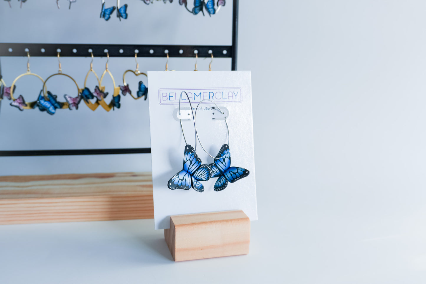 Silver Hoop Blue Butterfly Earrings