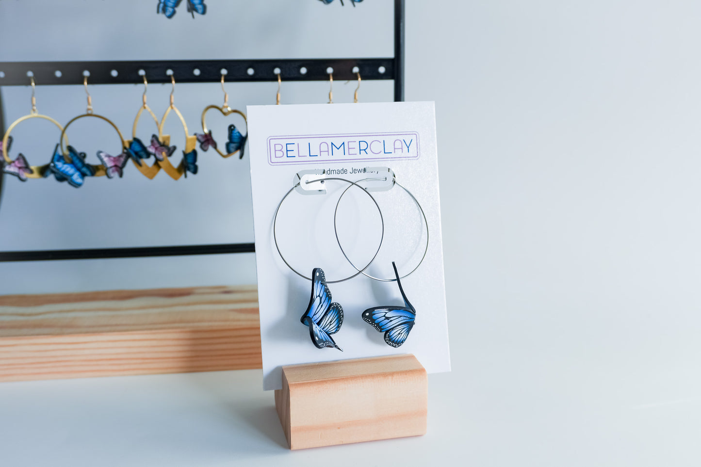 Silver Hoop Blue Butterfly Earrings