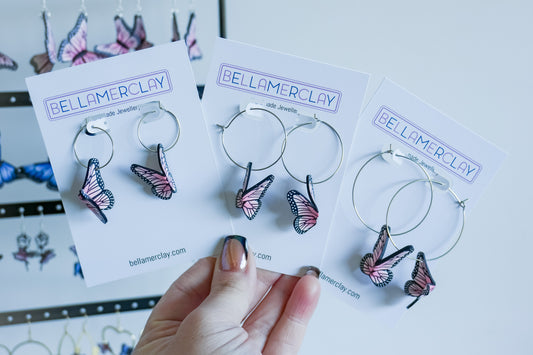 Pink Butterfly Silver Hoop Earrings