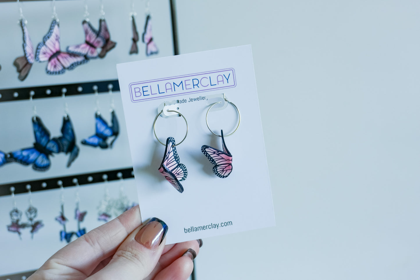 Pink Butterfly Silver Hoop Earrings