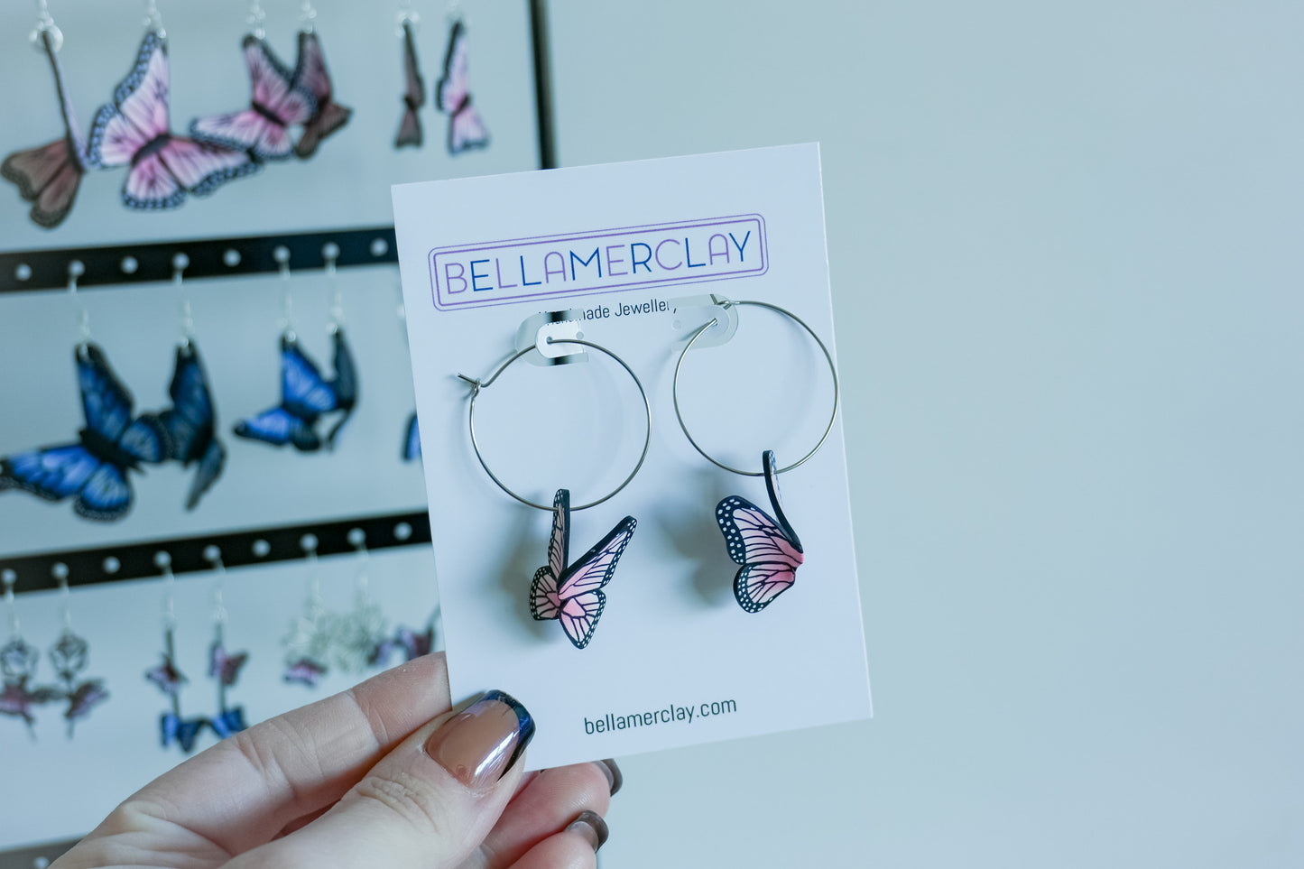 Pink Butterfly Silver Hoop Earrings