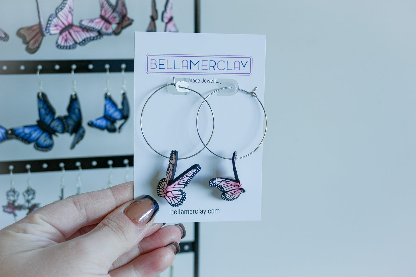 Pink Butterfly Silver Hoop Earrings