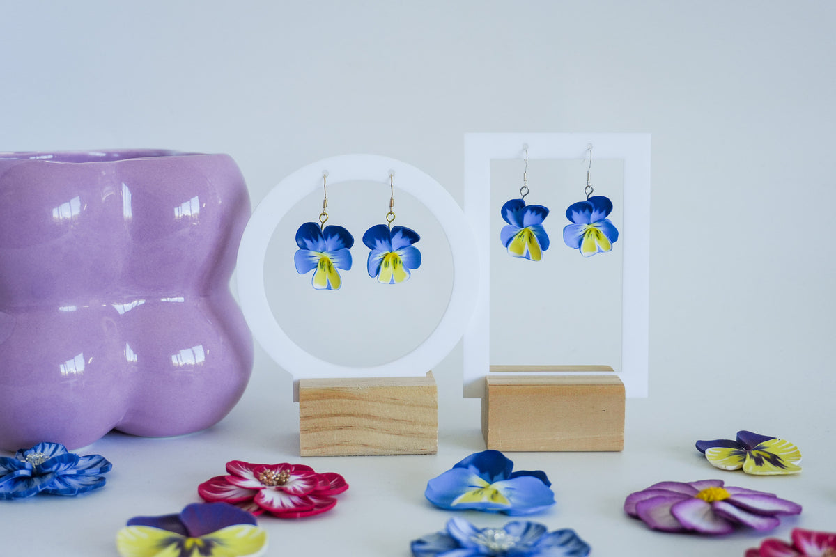 Blue Pansy Flower Earrings