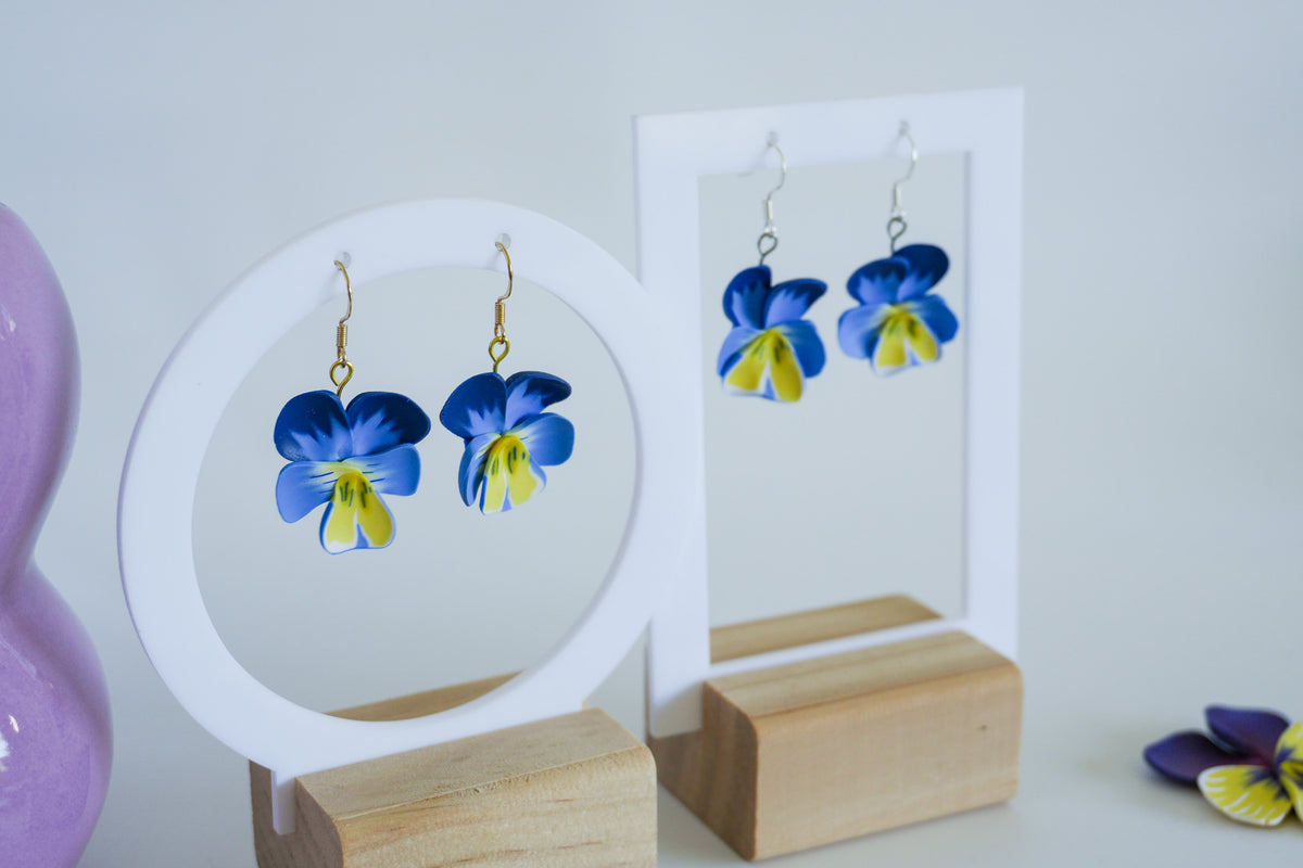 Blue Pansy Flower Earrings