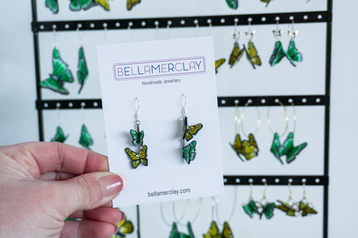 Yellow and Green Butterfly Pole Earrings